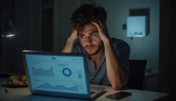 A homeowner examining a home energy system with a worried look, surrounded by household appliances and a battery backup unit in a softly lit room.